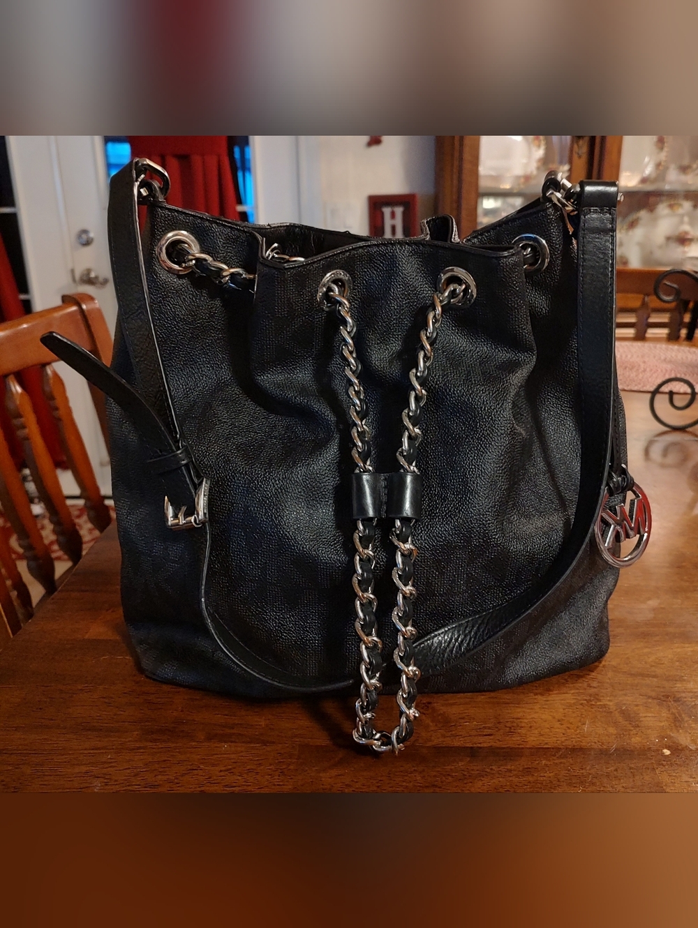 Michael Kors Black Chain-Drawstring Shoulder Bag
